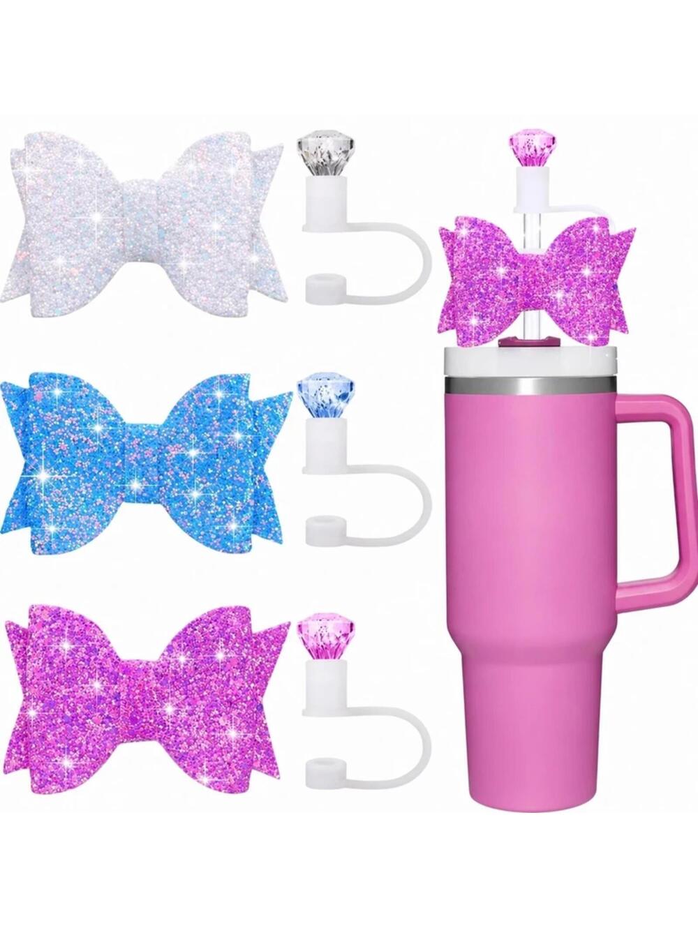 Glitter Bow Stanley Straw Topper & Rhinestone Straw Cap – Cute Tumbler Accessory
